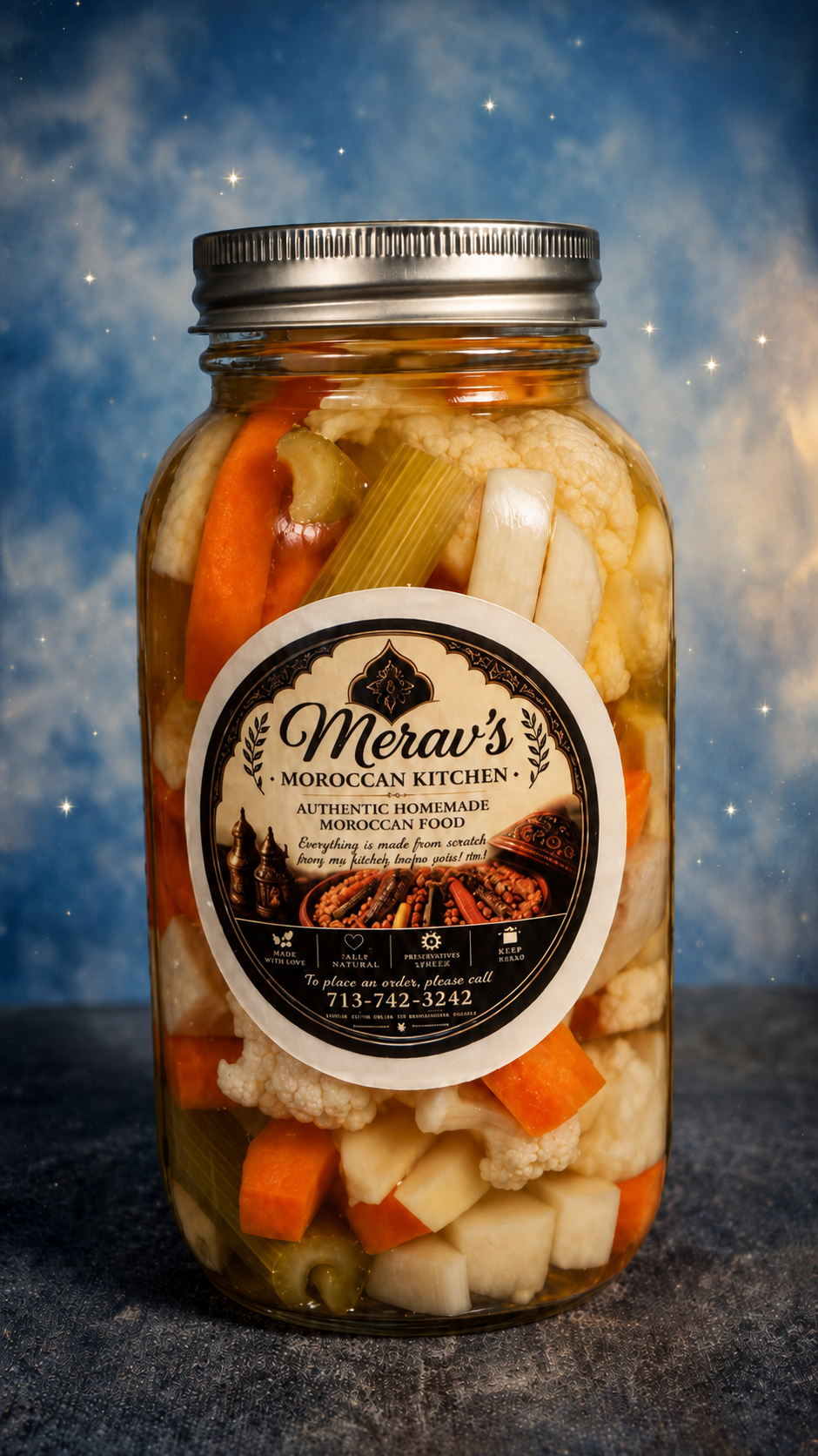 A 32 ounce jar of Merav's Moroccan pickled vegetables — carrots, cauliflower, celery and turnip